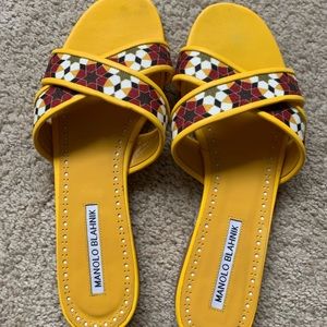 Manolo Blahnik IFNETA Yellow FLAT Linen Sandals Slides Slippers 39